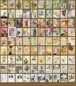 Vintage scrapbook paper detail showing various retro botanical and newspaper collage designs.