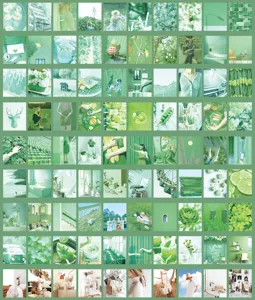 Detailed view showing green aesthetic scrapbook paper grid and various vintage design patterns.