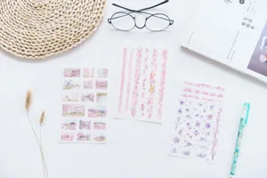 Detailed view of cherry blossom decorative planner stickers on flat lay background.
