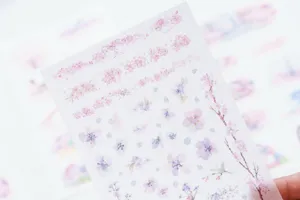 Close-up detail of watercolor cherry blossom stickers, delicate floral pattern, translucent paper.