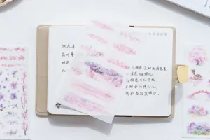 Detailed view of romantic cherry blossom decorative stickers for DIY journaling and crafts.