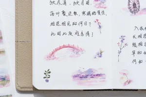 Close up detail of romantic cherry blossom decorative stickers featuring watercolor scenes.