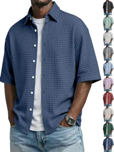 Men Casual Waffle Knit Lapel Short Sleeve Shirt Top Button Down Breathable Summer Fashion Solid Color Streetwear Shirt