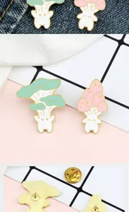 Set di spille smaltate a forma di fungo, simpatico accessorio kawaii per giacche e borse.