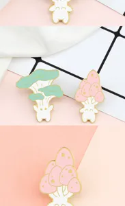 Set di spille smaltate a forma di fungo carino, badge in metallo stile kawaii.