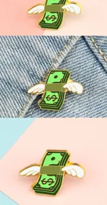 Creative flying dollar bill enamel lapel pin metal brooch for clothes backpack decor.