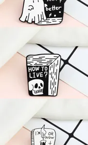 Cool punk retro metal enamel pin set featuring cute ghost and skull book designs.