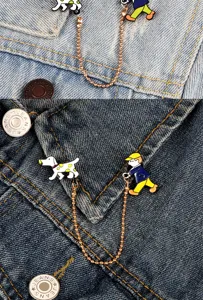 Cute metal cartoon person walking dog brooch pin set, creative denim jacket badge accessory.