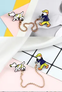 Cute cartoon person walking dog brooch metal enamel pin set with chain for backpack apparel