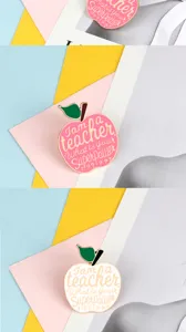 Creative apple shaped metal enamel brooch pin with English teacher quote for backpack decor.