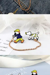 Cute cartoon person walking dog brooch, stylish metal enamel pin badge for backpacks and clothes.