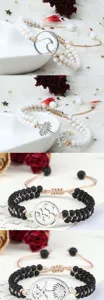 Détail de bracelet de perles tressées fait main exquis, avec des charms argentés élégants.