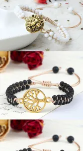 Bracelet tressé double couche fait main avec perles mates et pendentif doré pour hommes chic