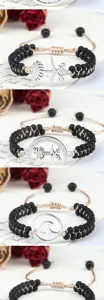 Bracelet tressé réglable en perles noires avec pendentifs argentés, bijoux artisanaux.