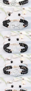 Bracelet tressé fait main en perles noires avec pendentifs argentés, réglable détail.