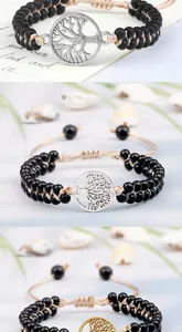 Bracelet tressé double couche en perles noires avec pendentif arbre en argent pour hommes.