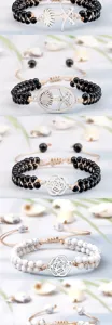 Bracelet de perles tressé à la main avec des pendentifs en métal argenté élégant.