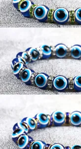 Detail van de boze oog kristalralle armband, 10mm glazen kralen met fonkelende strass afstandhouders.