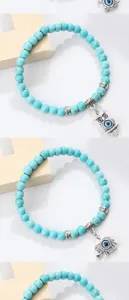Bracelet de perles turquoise avec pendentif œil maléfique hibou éléphant bijoux boho