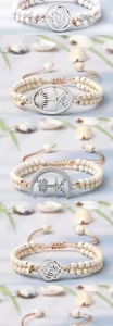 Vue détaillée de bracelets de perles tressés faits main avec des charms en métal uniques.