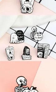Punk vintage metal enamel cartoon brooch pins with skull ghost and funny text designs.