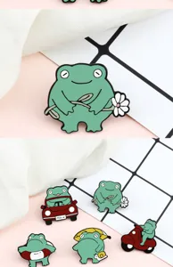 Close-up detail of cute green frog enamel pins featuring various funny and lovely daily life designs.