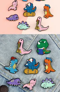 Cute cartoon dinosaur enamel pins set, funny metal badges for clothes and backpacks.