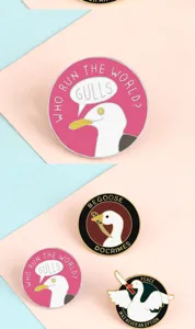 Cute funny animal enamel pin set featuring cute goose and gull designs with humorous quotes.