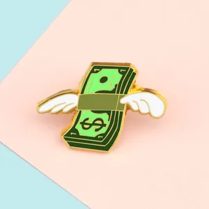 Cute dollar bill enamel pin with white wings, creative metal brooch badge for clothing and bags.