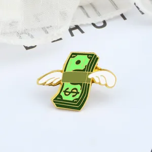 Cute dollar bill metal enamel brooch with wings fashion lapel pin clothes bag badge accessory