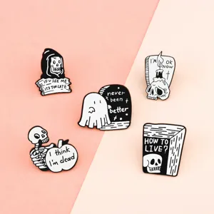Punk retro gothic cartoon enamel pin set, cute skull ghost reaper metal brooch badges.