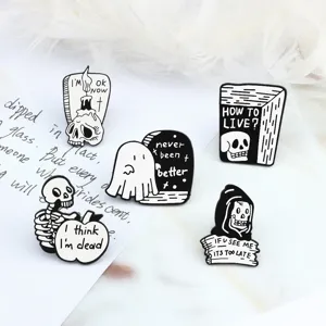Set of 5 spooky black white enamel pins punk retro skeleton ghost brooches aesthetic jewelry