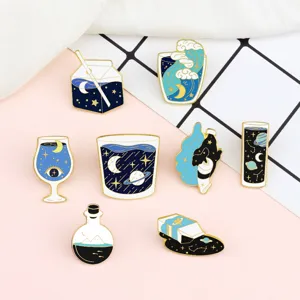 Cute starry night enamel pins set cosmic moon planet metal brooches for clothes backpack