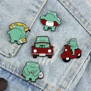 Cute Cartoon Green Frog Alloy Enamel Brooch Pin Set Japanese Style Animal Badge Lapel Pins For Backpack Clothes Decoration Gifts Unisex Jewelry