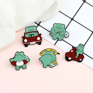 Cute green frog enamel pins set, cartoon animal badges for backpacks, creative student metal brooches.