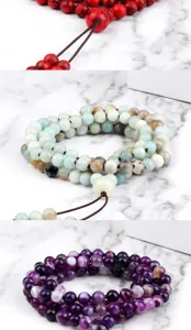 Vue détaillée du bracelet mala en pierres précieuses à 108 perles, design noué à la main.