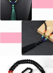 Collier de perles colorées chakra style bohème multi-couches chaîne pull vintage détails.