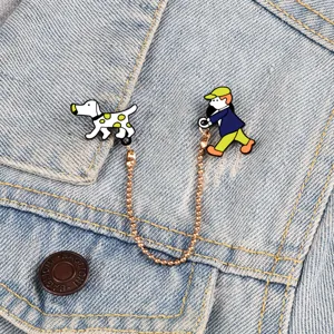 Cute Japanese Cartoon Alloy Enamel Brooch Pin Vivid Character Dog Walking Linked Twin Brooch Backpack Clothing Badge Ornament Gift
