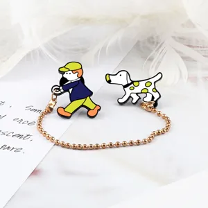 Cute cartoon person walking dog metal brooch chain set, creative Japanese style lapel pin.