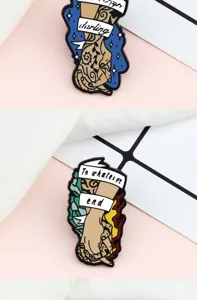 Detailed close-up view of creative alloy enamel pin badge featuring interlocking hands design.