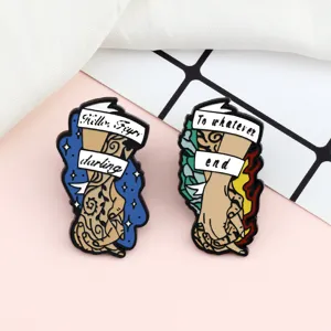 Cute alloy enamel pin set featuring holding hands and inspirational ribbon text design for fashion.