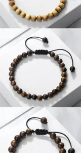Nahaufnahme Detail des Holzperlenarmbands mit verstellbarem schwarzen Kordel, glatt.