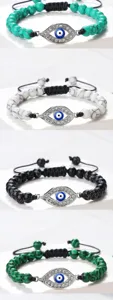 Bracelet tressé de perles mauvais œil, bijoux bohèmes réglables avec pendentif strass argenté.
