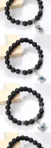 Bracelet Perles de Pierre de Lave Noire Mat Yoga Pendentif Hibou Tortue Bijou Mode