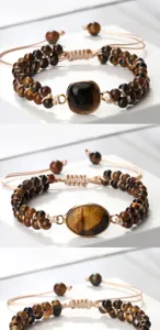 Bracelet reglable tresse en pierre oeil de tigre naturelle avec pierre centrale doree chic