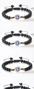 Bracelet de perles mauvais œil avec pierre de lave noire et strass, corde tressée réglable.