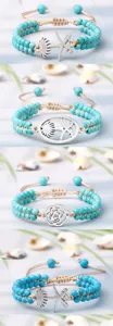 Bracelet jonc en perles de turquoise tissées à la main avec pendentifs en métal originaux.