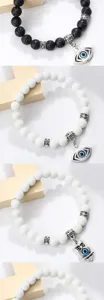 Bracelet de perles mauvais œil avec pierre de lave noire et perles blanches pour bijoux de mode