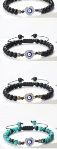 Bracelet de perles mauvais œil avec strass et corde tressée réglable pour femmes.