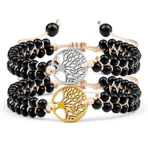 Bracelet tressé à la main double couche avec perles noires et pendentif arbre de vie